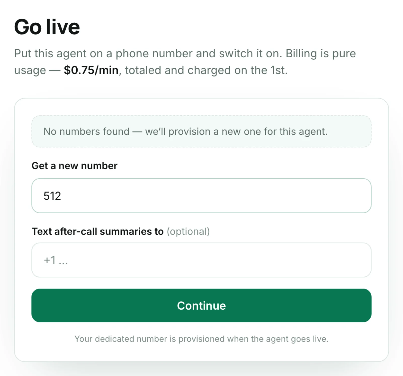 The go-live screen provisioning a new number with a chosen area code